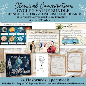 May include: Educational flashcards for Classical Conversations, covering science, history, and English. The image shows flashcards with text and illustrations, including planets, historical events, and English grammar. Includes a sign for the first day of class.