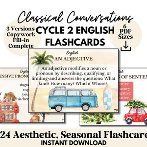May include: Aesthetic flashcards for Cycle 2 English, featuring 24 seasonal designs. Includes copywork, fill-in, and complete versions. The cards cover topics like adjectives and possessive pronouns. Instant download available.