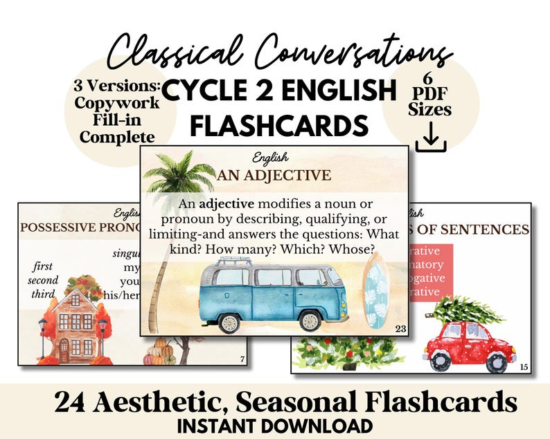 May include: Aesthetic flashcards for Cycle 2 English, featuring 24 seasonal designs. Includes copywork, fill-in, and complete versions. The cards cover topics like adjectives and possessive pronouns. Instant download available.