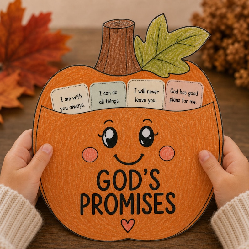 May include: A hand-drawn orange pumpkin craft with a brown stem and green leaf. The pumpkin features a smiling face, pink cheeks, and the text "GOD'S PROMISES" with a heart. Four small cards tucked inside read "I am with you always," "I can do all things," "I will never leave you," and "God has good plans for me."