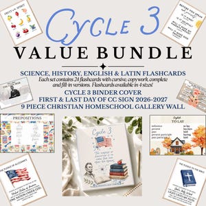 Puede incluir: Un conjunto educativo Cycle 3 Value Bundle con tarjetas didácticas de ciencia, historia, inglés y latín. Incluye una portada de carpeta, carteles para el primer y último día de clases y una galería de pared cristiana de nueve piezas.