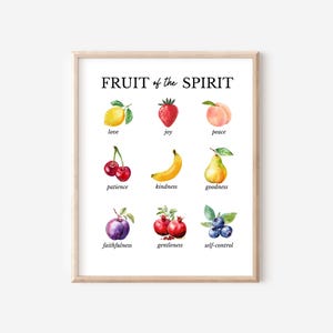 May include: A white wall art print titled FRUIT of the SPIRIT featuring nine watercolor illustrations of fruits including a lemon, strawberry, peach, cherries, banana, pear, plum, pomegranate, and blueberries, each labeled with a specific virtue.