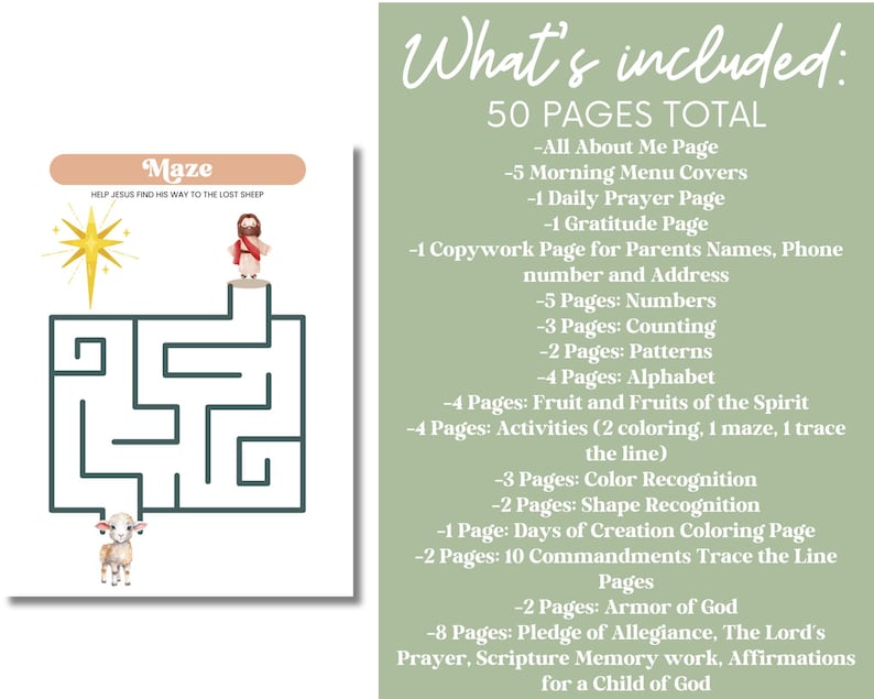 May include: A printable pack of 50 pages for children's religious education. The pack includes activities like mazes, coloring pages, and tracing lines. The cover features a colorful illustration of a maze with a shepherd and a sheep.