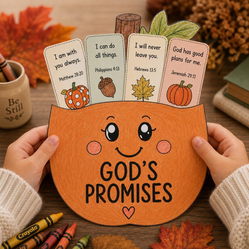 May include: A paper craft shaped like an orange pumpkin with a smiling face and the text God's Promises. Four rectangular cards are tucked inside, featuring Bible verses: I am with you always, I can do all things, I will never leave you, and God has good plans for me, decorated with autumn motifs.