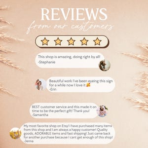 May include: Five-star reviews from customers about an Etsy shop. The reviews highlight the shop's amazing products, excellent customer service, and fast shipping. The text includes quotes from customers, such as "This shop is amazing, doing right by all!" and "BEST customer service and this made it on time to be the perfect gift! Thank you!"