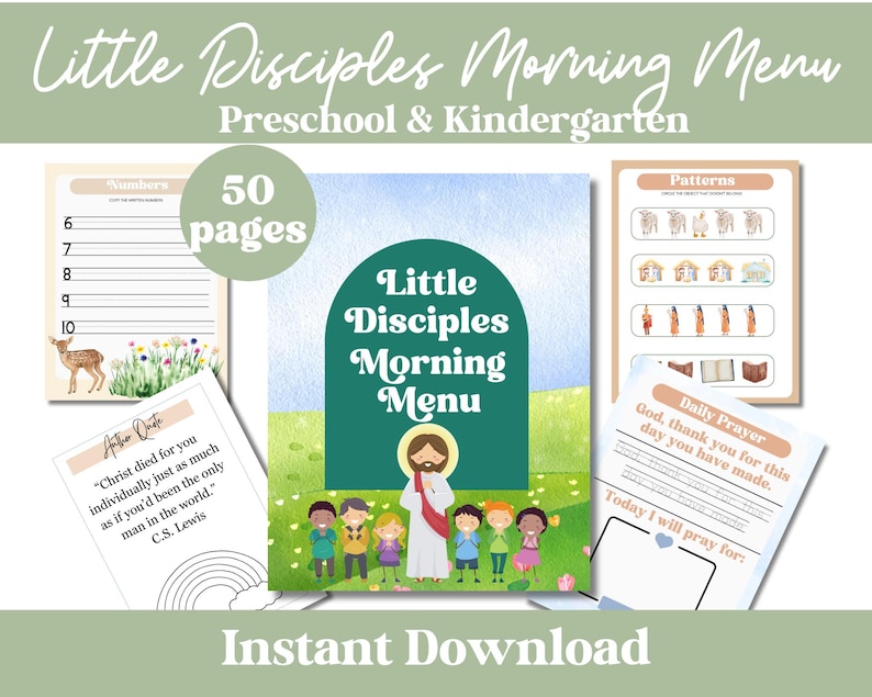 May include: A printable pack of 50 pages of educational activities for preschool and kindergarten children. The pack includes activities like counting, patterns, and daily prayer. The cover features a cartoon illustration of Jesus with children in a green field.