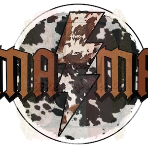 Op de afbeelding: Een bruine en zwarte afbeelding met het woord "mama" in een vetgedrukt, gotisch lettertype. De afbeelding heeft een bliksemontwerp met een koehuidpatroon.