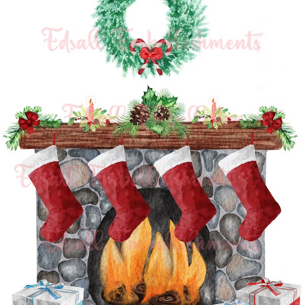 Christmas Stockings On The Fireplace Christmas Scene With Wreath And Presents