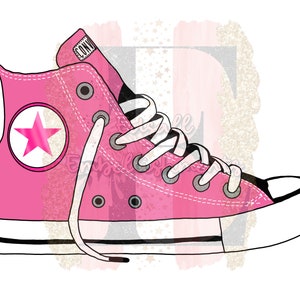 May include: Pink high-top sneakers with white laces and a white star on the side. The sneakers have a black sole and a white toe cap.