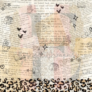Book Lovers Book Pages Tumbler Wrap With Doodles And Leopard Print Border 20oz Straight Sublimation Tumbler Wrap