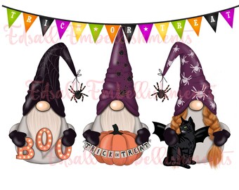 May include: Three gnomes dressed in purple, black, and white with spiderweb and spider accents. The gnome on the left has a "BOO" sign, the middle gnome has a pumpkin and a "TRICK OR TREAT" banner, and the gnome on the right has a black cat with bat wings.