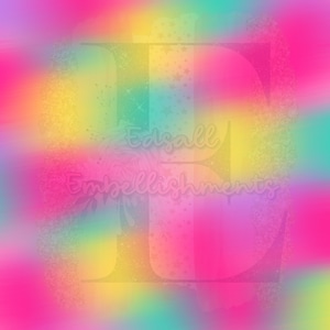 May include: A vibrant, colorful background with a blurred, tie-dye effect. The design features a blend of pink, yellow, teal, and purple hues. The text "Edsall Embellishments" is overlaid on the design.