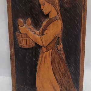 Antique Carved Solid Wood Inlay Marquetry Art Piece Girl with Water Pail House Decor decoration wall art hanging MCM Home Decor