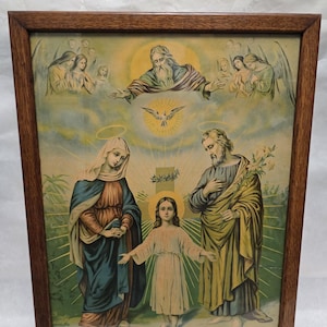 Antique Wood Framed Holy Family Chromolithograph, Fridolin Leiber, Jesus Mary Lithograph Religious Artwork Vintage Home Decor 1900s