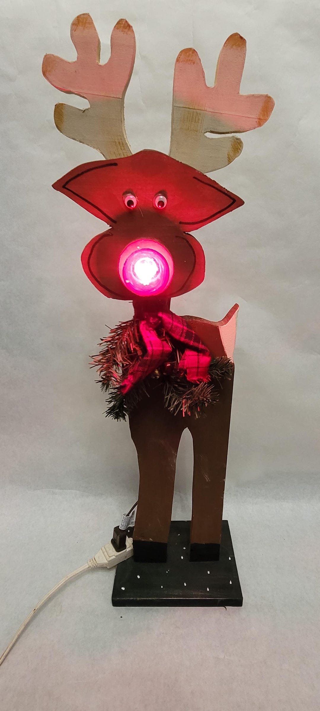 Vintage Hand Made Wooden Rudolph the Red Nosed Reindeer Light up