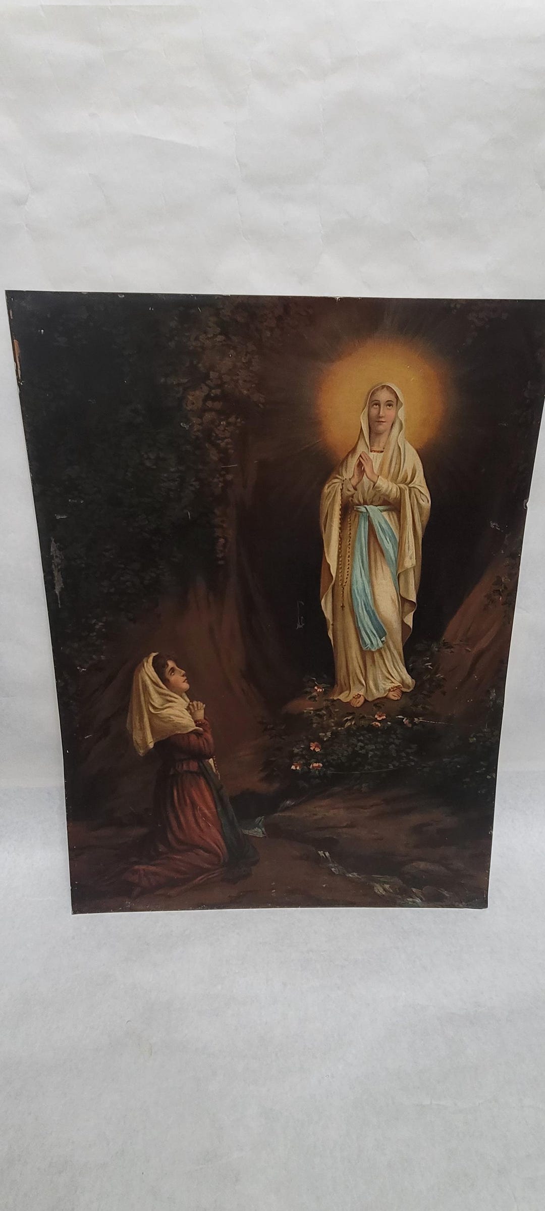 Antique Metal Tin Lithograph Our Lady of Lourdes Virgin Mary Immaculate ...