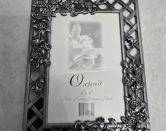 Vintage Ornate Pewter Rose Flower Floral Hollywood Regency Home Decor photo Picture Frame 4x6"