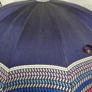 Antique 1940s/1950s Primary Color Striped Blue Carved Lucite Handle Mid Century Umbrella Parasol
