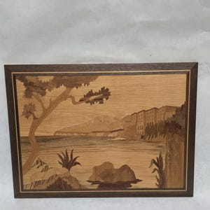 Vintage Mid century Modern Sail Boat Beach Shore Marquetry Wood Inlay Rose wood Handcrafted Folk Art Mosaic