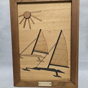 Vintage Mid century Modern Marquetry Wood Inlay Ice Boat Fishing Picture Handcrafted Folk Art Mosaic 1981 L Closter