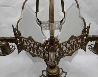 Antique Bronze Brass 5-Light Floral Victorian Chandelier – Original Paneled White Glass Shades, Ornate Ceiling Light