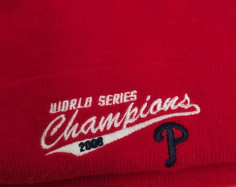 Vintage Philadelphia Phillies 2008 World Series Champion Red Knit Hat Beanie Official MLB Collectible
