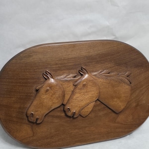 Vintage Midcentury Hand-Carved Wooden Horse Sculpture Boho Home Decor Framed Hanging Artwork