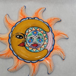 Vintage Mexican Talavera Sun Face Hand painted Pottery Wall Hanging Decor Garden Decor