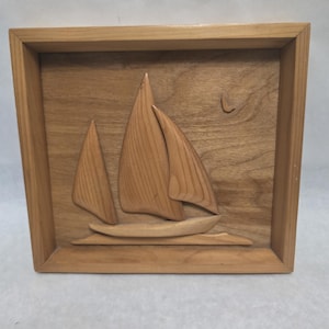 Vintage Ship Inlay Wood Marquetry Art Piece Sailing Boat Beach House Decor decoration wall art hanging MCM Home Decor
