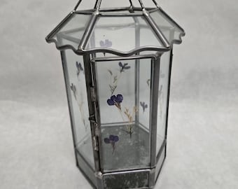 Vintage Handmade Glass Metal Hanging Terrarium Pressed Flowers Home Decor