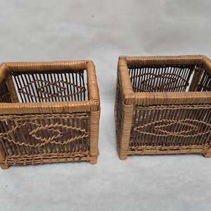 Vintage Wicker Rattan Basket Vase Unique Boho Centerpiece Flower Holder Home Decor Pencil Holder 4x4&quot; pair of 2