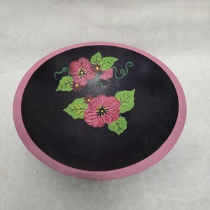 Vintage Russian Floral Design Pink Roses Folk Art Wall Hanging Wooden Bowl Hand painted