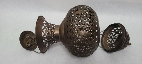 トルコアンティーク銅レードル Antique Turkish Copper & Brass Pierced Light Hanging