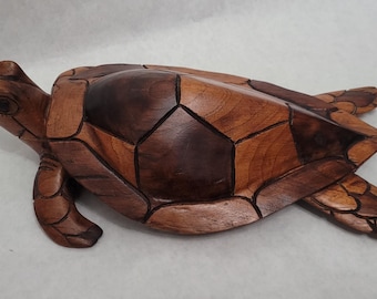 Vintage Hand Carved Multi colored Wooden Solid Wood Turtle Home Decor Nautical Theme