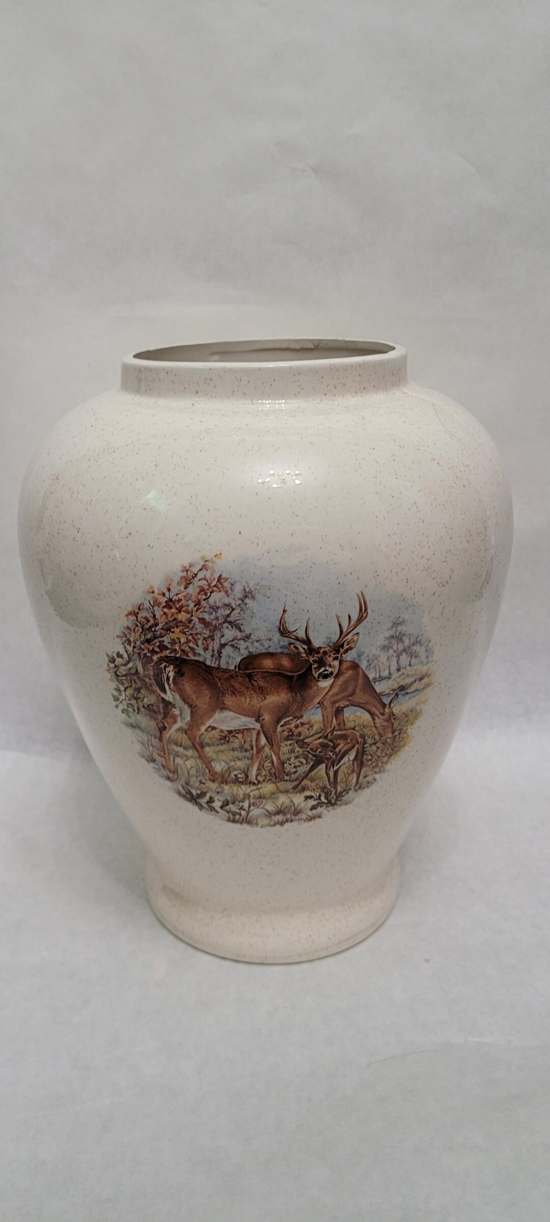 Vintage Ceramic Hand Painted Deer Scene Vase Forrest Hunting Cabin Home ...