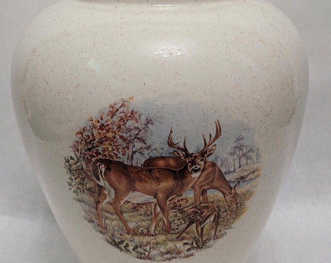Vintage Ceramic Hand Painted Deer Scene Vase Forrest Hunting Cabin Home ...
