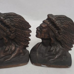 Antique Indian Profile Cast Iron Bookends - ca.1925 - Indian Chief - Feather Head Dress