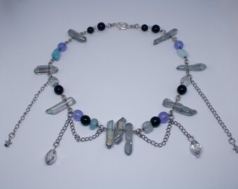 Crystal beaded choker. Sterling silver beaded necklace.