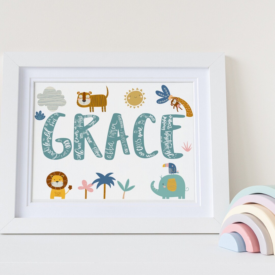 Christian Nursery Name Art, Bible Verse Name Print, Safari Baby Name