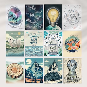 Può includere: Un set di 10 stampe d'arte da parete stampabili con citazioni ispiratrici e illustrazioni. Le stampe presentano una varietà di stili, tra cui un'impronta digitale con le parole "Il Figlio è l'immagine del Dio invisibile", una lampadina con le parole "L'amore è paziente, l'amore è benevolo", una catena montuosa con le parole "Il Signore è il mio pastore, non manco di nulla", e uno spioncino con le parole "Io sono la porta; chi entra per me sarà salvato".