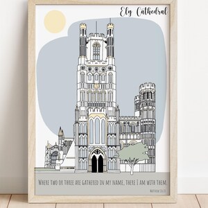 Ely Cathedral print, Church wall art, hand drawn architecture, Christian Wall Art, Christian gift, Bible Verse,  Scripture wall art, Bible