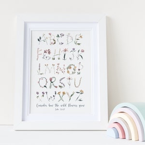 Floral Bible Verse Alphabet Print, Christian flower a-z wall art, consider the wildflowers Bible verse wall art, children's flower alphabet