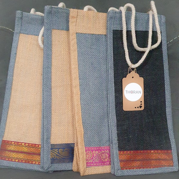 Jute Wine Bottle Gift Bags With Silk Sparkle, Minimalistic, Eco Friendly, Handmade and Sturdy, Jute Tote Bag, Burlap, Patchwork