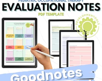 Könnte beinhalten: Eine digitale Vorlage für pädiatrische Ergotherapie-Evaluationsnotizen. Die Vorlage wird auf einem Tablet-Bildschirm angezeigt und enthält Abschnitte für Klienteninformationen, standardisierte Assessments, sensorische Beurteilung, Feinmotorik-Beurteilung, sozial-emotionale und exekutive Funktionen, Fütterungsbewertung, Ziele und Empfehlungen. Die Vorlage ist mit Goodnotes kompatibel.