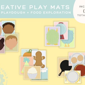 May include: A set of 16 printable play mats for kids. The mats feature various themes, including faces, a monster, a gingerbread man, a cupcake, a pumpkin, a gumball machine, and a pizza. The mats are designed for use with playdough and food exploration.