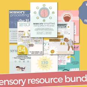 May include: A sensory resource bundle with 8 resources for making sense of the senses. The bundle includes over 130 activities for all sensory systems. The resources are illustrated with colorful graphics and text. The text includes "sensory simplified", "sensory language", "sensory processing", and "84 total".