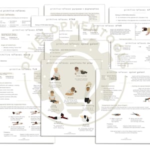 May include: A set of 10 printable worksheets with information about primitive reflexes, including their purpose, explanation, signs of retention, testing for, and integration exercises. The worksheets are beige with black text and illustrations.