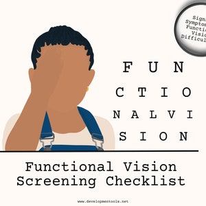 May include: A person covers their eye with their hand, looking at a vision screening chart with the letters FUN, CTIO, NALVI, and SION. The text "Functional Vision Screening Checklist" is below the chart. The text "Signs + Symptoms of Functional Vision Difficulties" is in a magnifying glass.