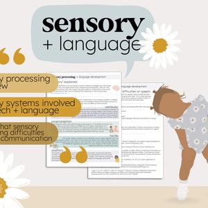 May include: A graphic illustration of a child with a speech and language development infographic. The infographic explains the impact of sensory processing difficulties on communication. The infographic includes the text "sensory processing + language development" and "sensory systems involved in speech + language".