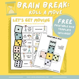 Op de afbeelding: Een printbare brain break-activiteit voor kinderen. De printbare bevat een dobbelsteen sjabloon en een lijst met grove motorische activiteiten om te doen. De activiteiten omvatten springen, squats, zijwaartse bewegingen van het hoofd en meer. Het dobbelsteen sjabloon is geel, blauw en roze.